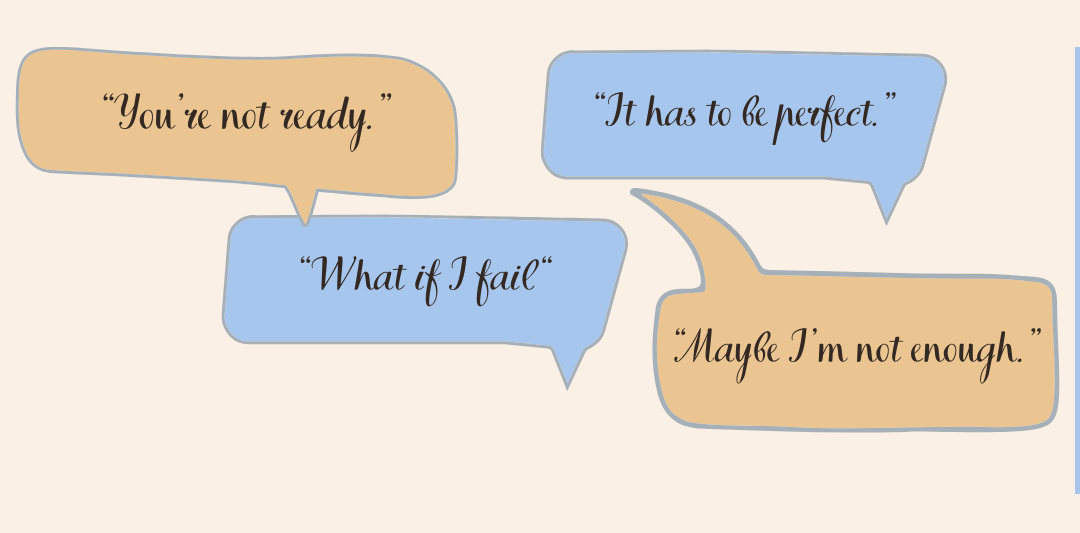 Graphic with blue and tan speech bubbles displaying common self-doubt phrases such as "You're not ready," "It has to be perfect," "What if I fail," and "Maybe I'm not enough," representing negative self-talk and mindset barriers
