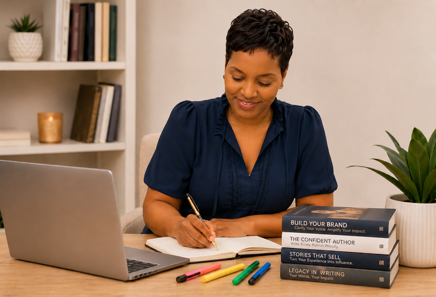 writing in a notebook at her desk with a laptop, books, and colorful markers