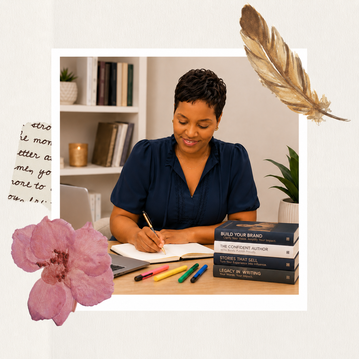 writing in a notebook at her desk with a laptop, books, and colorful markers