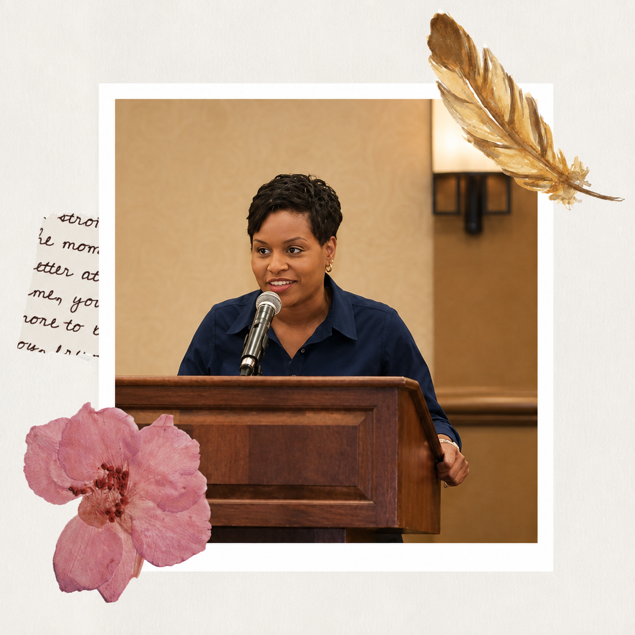 Black woman in a navy blue blouse speaking at a wooden podium in a conference room, framed by a soft pink flower, handwritten paper, and a gold feather on a cream textured background